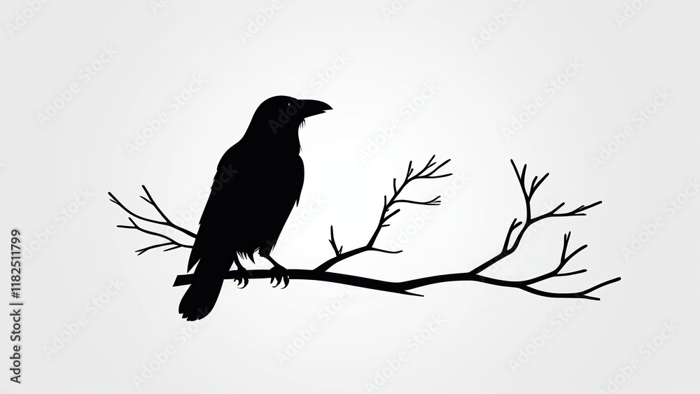 Artistic silhouette of a crow perched on a branch, ideal for nature designs. Artistic silhouette of a crow perched on a branch, ideal for nature designs.