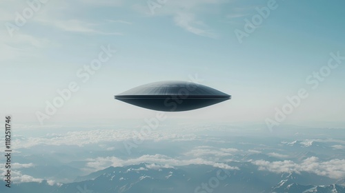 Futuristic Flying Saucer Above Clouds in Blue Sky