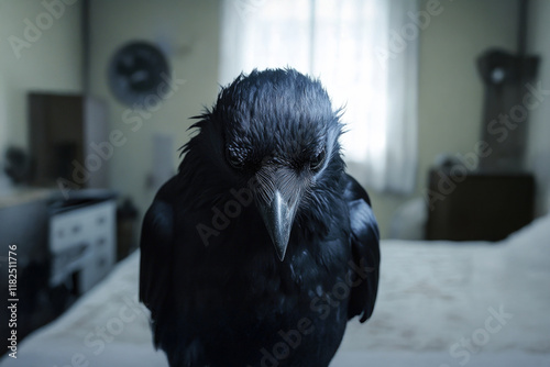 A close-up image of a black bird, creating an enigmatic aura within a softly lit room, inviting intrigue and evoking feelings of solitude and contemplation. photo