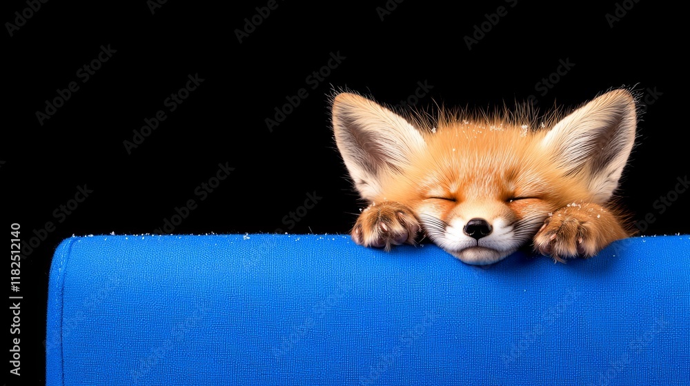 Obraz premium Adorable sleeping fox kit resting on blue surface against black background