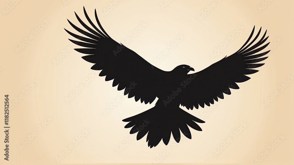 Fototapeta premium Powerful eagle in mid-flight, depicted as a black silhouette on a warm backdrop.