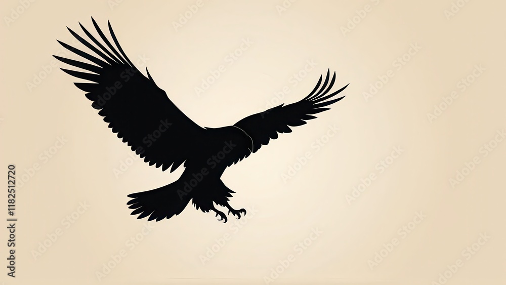 Fototapeta premium Soaring eagle silhouette, symbolizing freedom and strength, on a beige background.