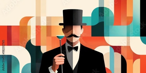 Sophisticated gentleman holding cocktail art deco style digital poster vibrant colors artistic concept for modern design