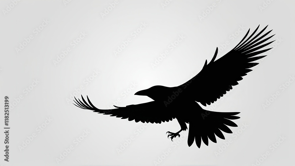 Fototapeta premium Crow in flight, captured as a black silhouette with detailed wings and claws.