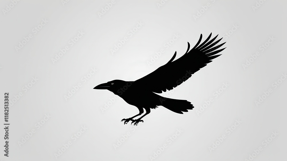 Fototapeta premium Elegant flying crow silhouette with wings spread wide, perfect for bird art.