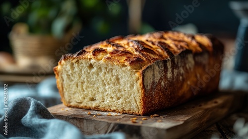 Artisan bread loaf, golden crispy crust, inviting texture, freshly baked, ideal for culinary presentations, perfect for gourmet sandwiches photo