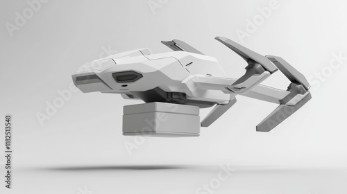 Futuristic white drone with claw arms hovering on light background