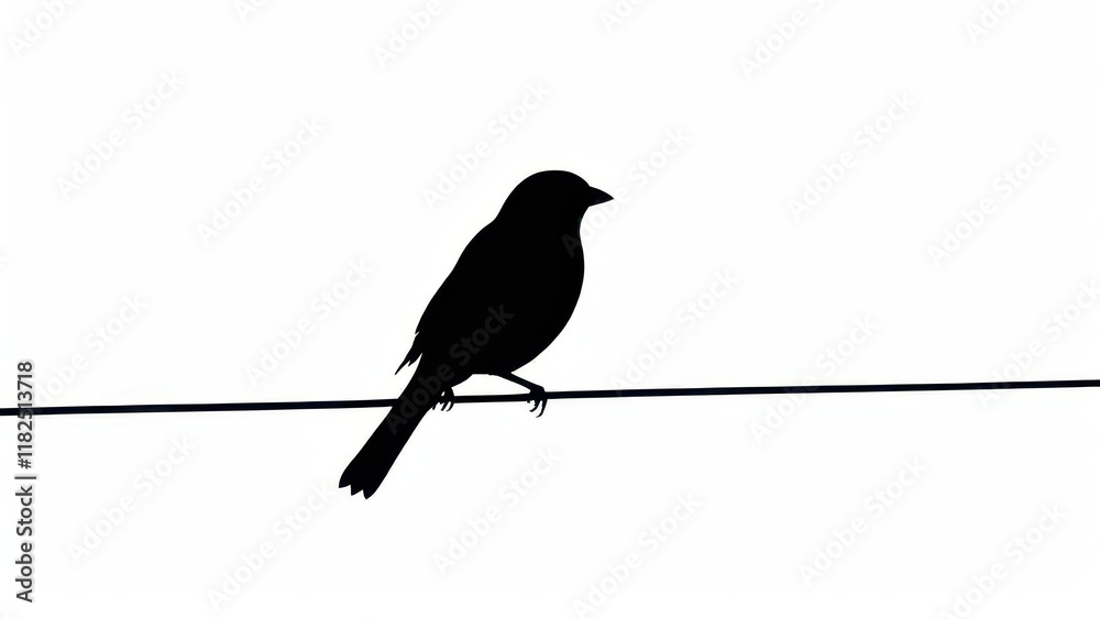 Fototapeta premium Simple and elegant black bird silhouette on a wire, perfect for minimalistic designs.