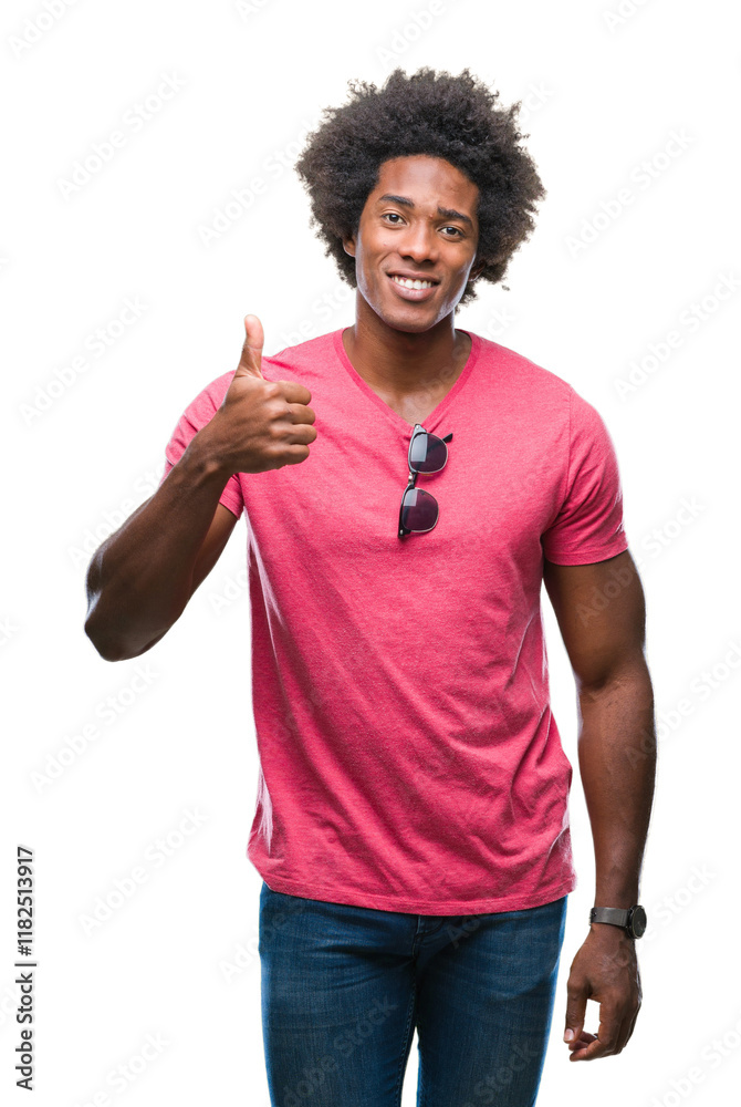 Afro american man over isolated background doing happy thumbs up gesture with hand. Approving expression looking at the camera with showing success. Afro american man over isolated background doing happy thumbs up gesture with hand. Approving expression looking at the camera with showing success.