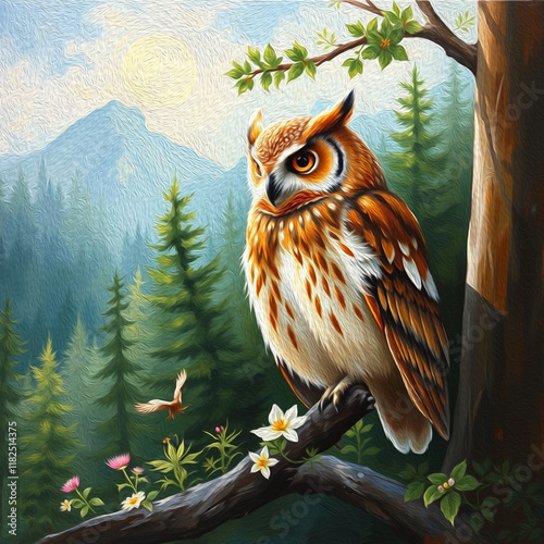 Owl . Oil painting. Logo design for use in graphics. Print on a T-shirt, design for printing on wall decorations. Artistic brush strokes photo