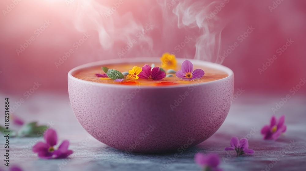 Dreamy Winter Soup with Floating Floral Garnish in Pastel Tones Dreamy Winter Soup with Floating Floral Garnish in Pastel Tones