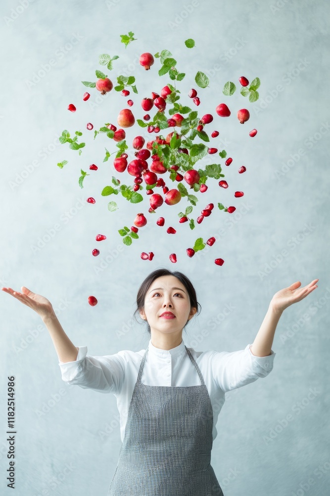Creative Korean Chef Joyfully Tosses Floating Fruit Salad in Winter Culinary Artistry Creative Korean Chef Joyfully Tosses Floating Fruit Salad in Winter Culinary Artistry