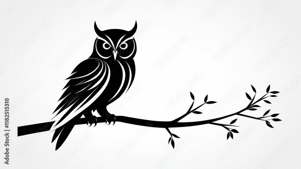 Fototapeta premium Black silhouette of an owl perched on a branch with leaves, perfect for wildlife art.