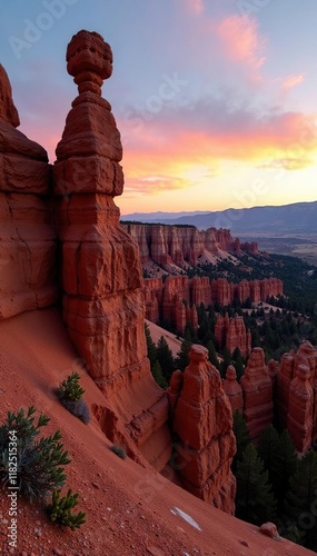 Red rock spire in Bryce Canyon Amphitheater at dawn, stone structures, geology, natural wonders photo