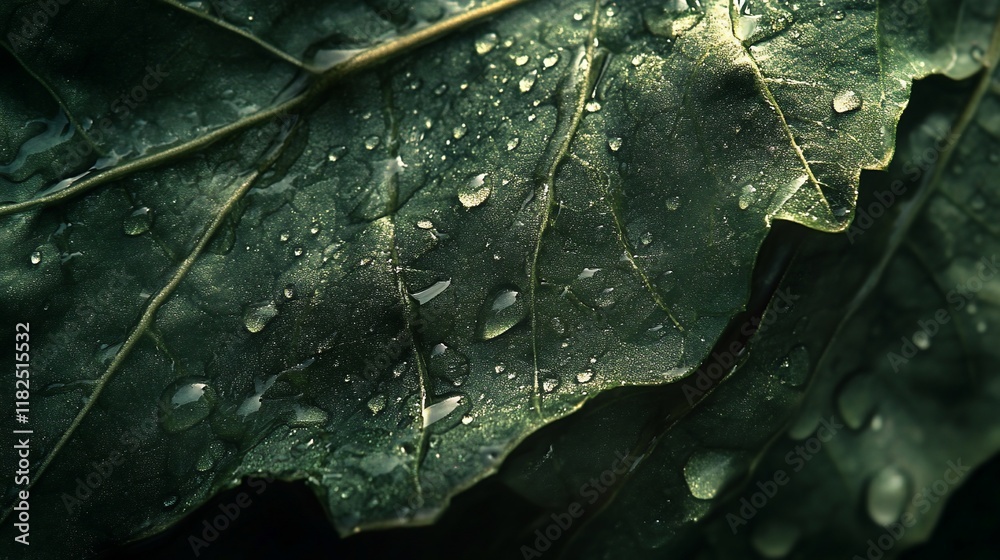 Fototapeta premium Close-up of dew drops on dark green leaves.