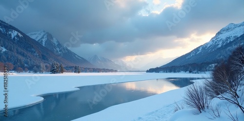 Paisaje invernal con nieve blanca y un cielo oscuro y nublado, landscape, frozen lake, winter landscape photo