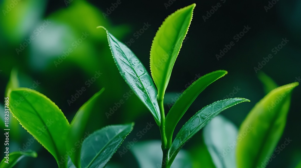 Closeup of young tender green tea leaves on a tea tree in an organic farm Vibrant plantation field with a serene morning backdrop Closeup of young tender green tea leaves on a tea tree in an organic farm Vibrant plantation field with a serene morning backdrop