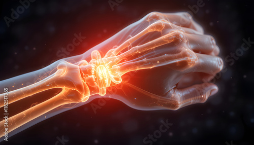 X-ray style visualization of human hand anatomy with illuminated wrist joint against a dark gradient background