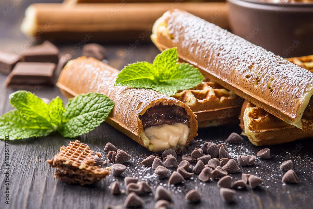 Tasty waffle tubes with rich toppings Tasty waffle tubes with rich toppings