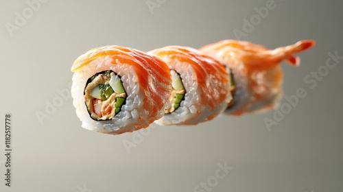 Floating sushi roll, vibrant colors, intricate fillings, culinary art, visually captivating, appetizing presentation, modern cuisine, creative design photo