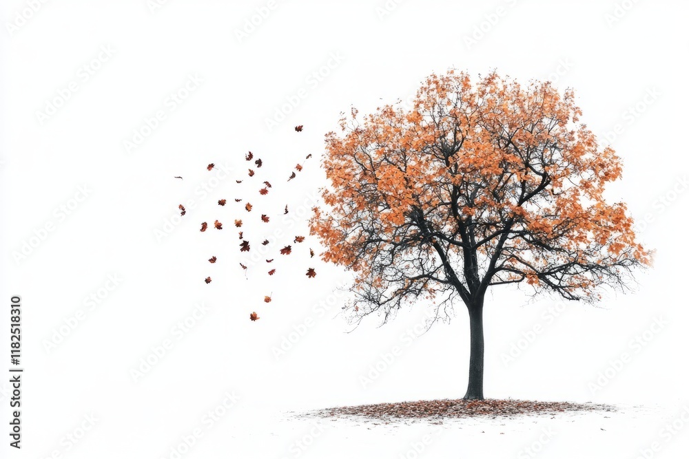 Solitary autumn tree with falling leaves on a white background Solitary autumn tree with falling leaves on a white background