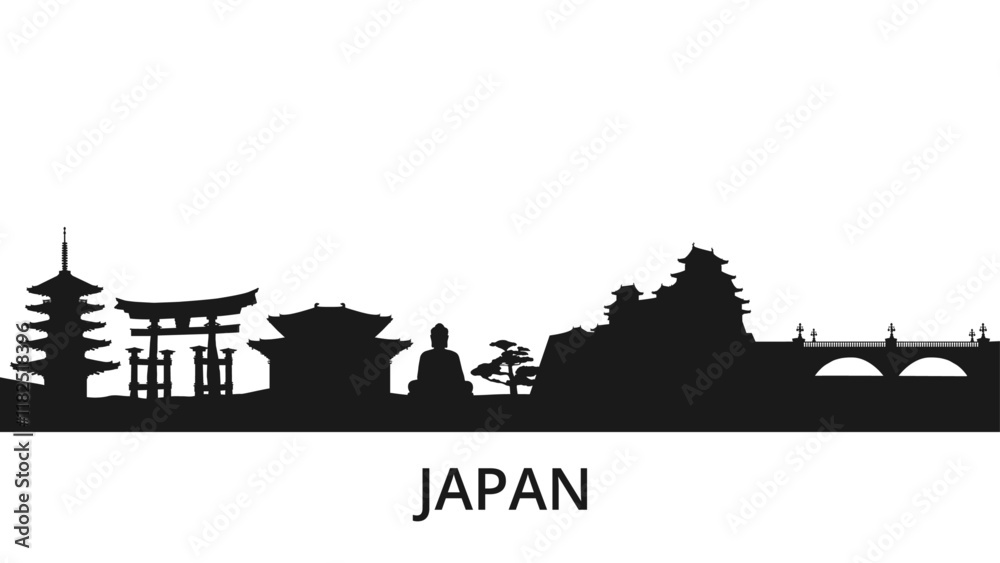 Naklejka premium Japan skyline. Silhouette of famous places. Yasaka Pagoda, torii gate, Todaiji Temple, Big Buddha statue, Himeji Castle. Japanese traditional buildings and attractions. Vector illustration in black