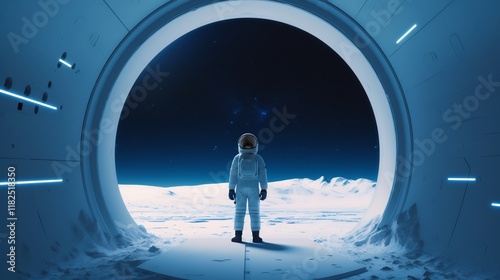 Astronaut on Lunar Surface Gazing at the Cosmos Through a Futuristic Airlock photo