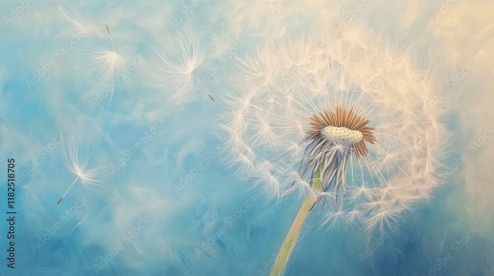 Fototapeta premium Dandelion seeds blowing in the wind against a blue sky.