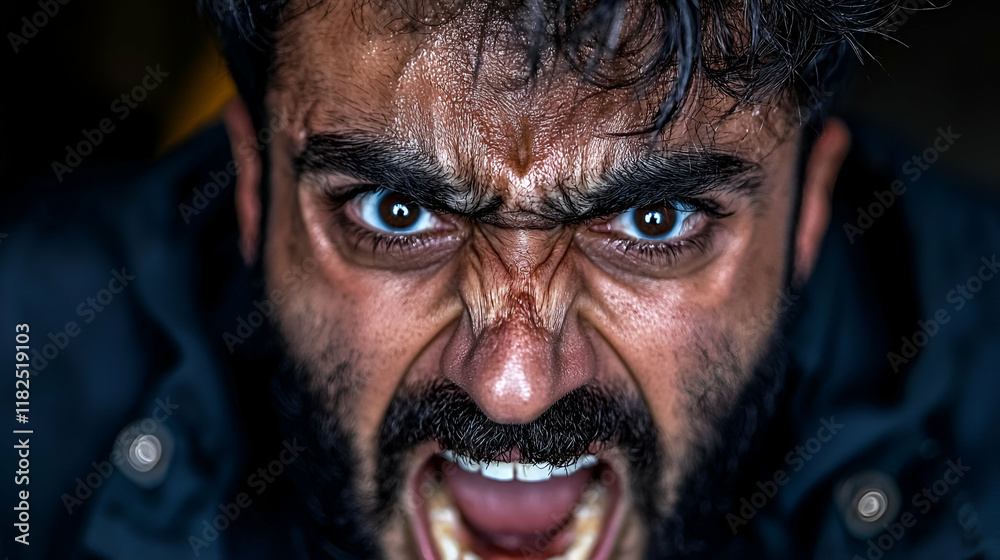 A fierce close-up of a man expressing intense anger, showcasing his emotions through a powerful facial expression and piercing gaze. A fierce close-up of a man expressing intense anger, showcasing his emotions through a powerful facial expression and piercing gaze.