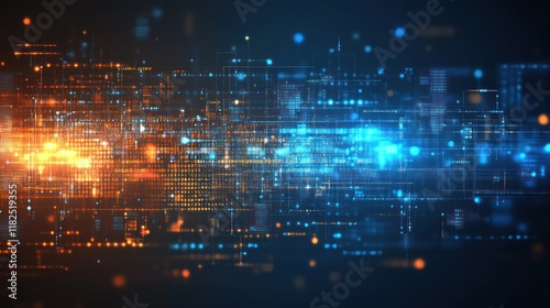 Wallpaper Mural Vibrant lines and dots create a digital abstract design, showcasing glowing effects in blue and orange hues Torontodigital.ca