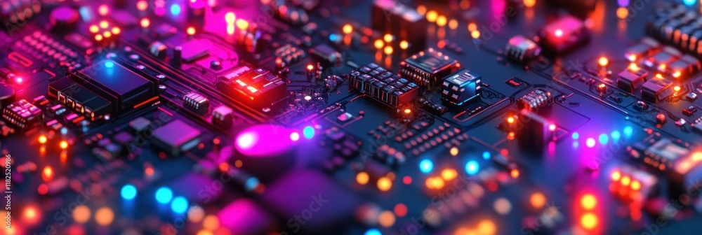 Obraz premium Bright lights illuminate a detailed circuit board with various components in a dark environment