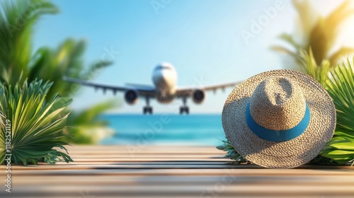 A straw hat rests on a wooden pathway while an airplane flies over the ocean on a sunny day