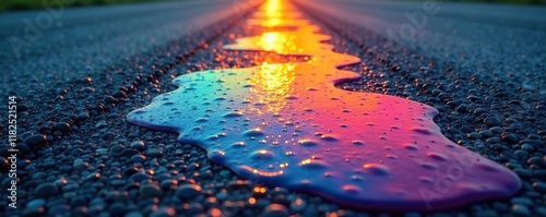 Rainbow-colored gasoline slick on dark pavement, colorfuleffect, wetpavement, spill photo