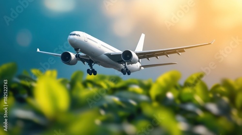 Airplane takes off or lands above a verdant green field under a colorful sky at sunset photo