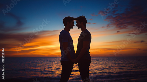 Gay couple hugging each other on a scenic beach at sunset, silhouettes against the sky, hands intertwined, bright lighting, contrast and smooth lines