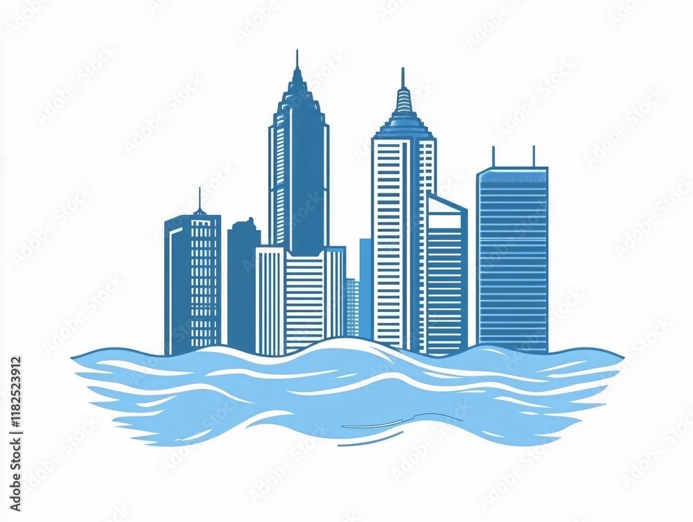 Obraz premium Submerged Cityscape, Modern Buildings Underwater Illustration