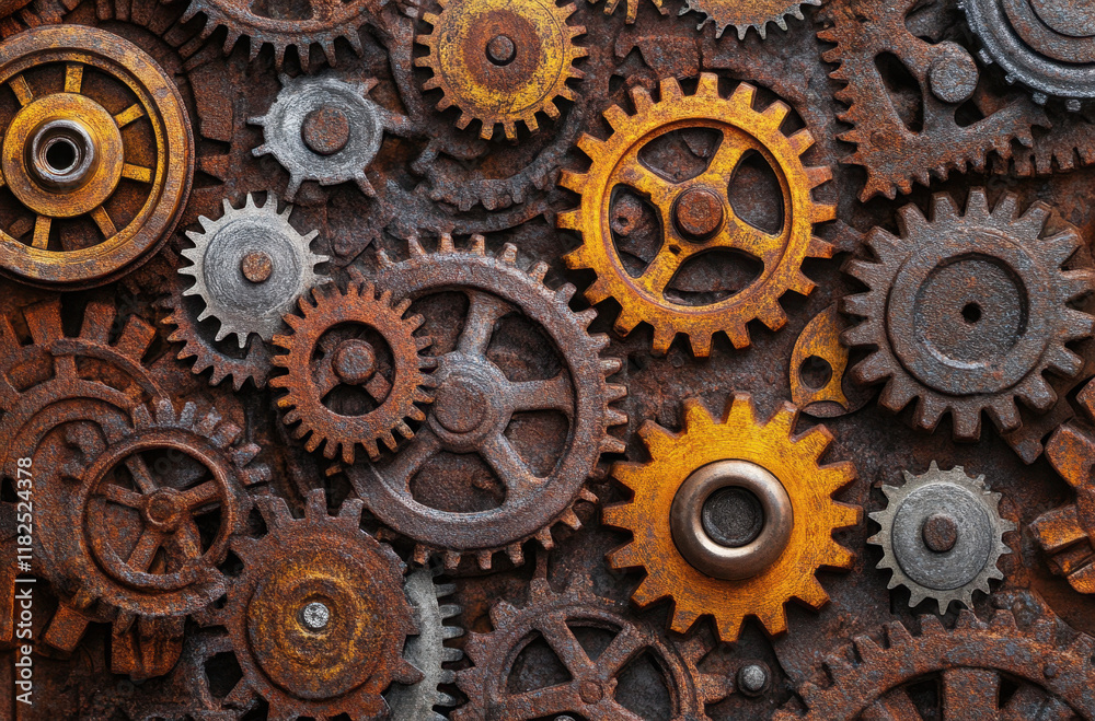 A collection of metal gears arranged in motion showcases their intricate design and texture. The rusted and polished surfaces illustrate the blend of functionality and artistry in machinery. A collection of metal gears arranged in motion showcases their intricate design and texture. The rusted and polished surfaces illustrate the blend of functionality and artistry in machinery.