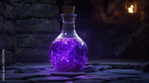 Enchanted Elixir, a mystical potion bottle radiating an ethereal glow filled with vibrant purple liquid, evokes a sense of magic and wonder. photo