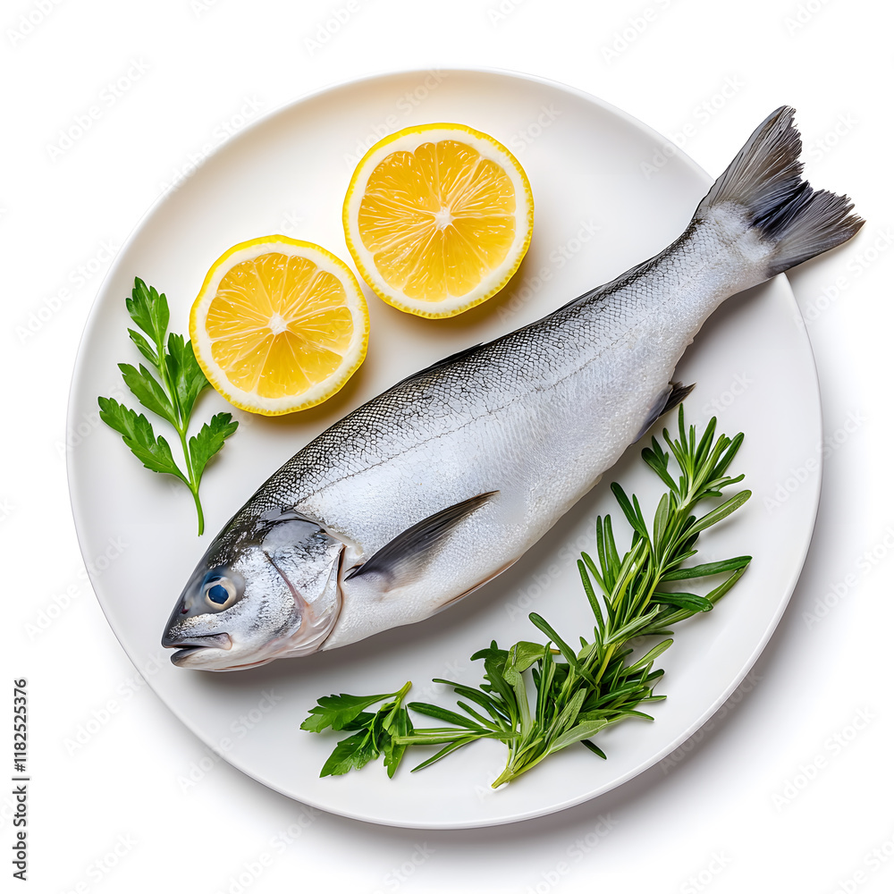 Fresh Raw Whole Sea Fish with Lemon on plate top view isolated on white background Fresh Raw Whole Sea Fish with Lemon on plate top view isolated on white background