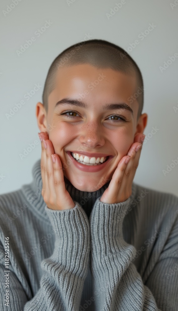 A cheerful young woman with a shaved head beams with happiness, her hands gently cupping her face. Dressed in a cozy gray sweater, her radiant smile and bright eyes convey a sense of warmth and