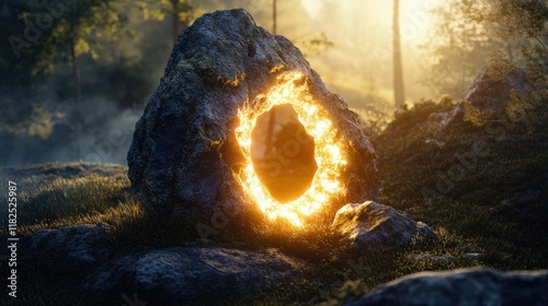 Enchanted Stone Circle, a radiant formation exuding arcane energy, surrounded by ancient trees and shimmering mist, evoking a sense of wonder.