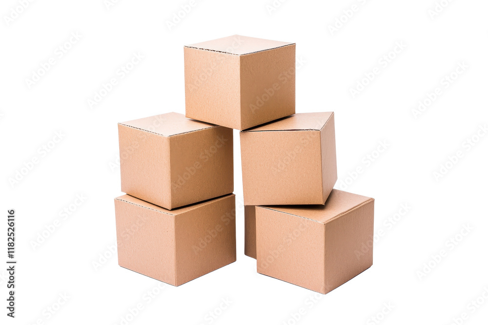 A Five cardboard boxes are stacked in pyramid formation, showcasing their sturdy construction and uniform design. arrangement highlights versatility and practicality of these packaging materials A Five cardboard boxes are stacked in pyramid formation, showcasing their sturdy construction and uniform design. arrangement highlights versatility and practicality of these packaging materials