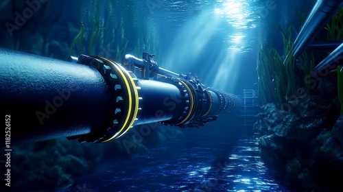 Underwater oil or natural gas pipelines with a valve illuminated by light rays on the seabed 3D illustration