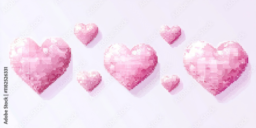Fototapeta premium Set of pixel art effect soft pink hearts on white isolated background. Vector illustration in pixelated mosaic retro game style. 8 bit vintage decor, icons. 