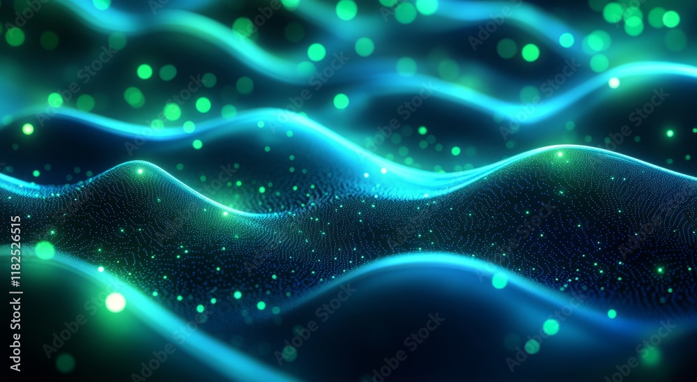 Mesmerizing green and blue glowing waves in abstract digital landscape