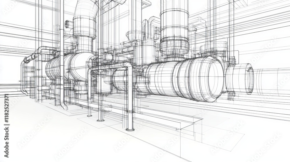 Obraz premium Wireframestyle sketch of industrial equipment separating visible and invisible lines in 3D vector rendering
