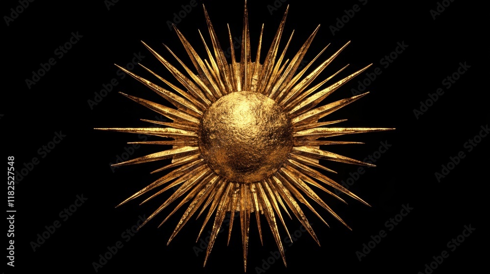 Obraz premium Radiant golden sunburst with symmetrical rays illuminating a vibrant sky, evoking warmth and tranquility, perfect for serene landscapes.