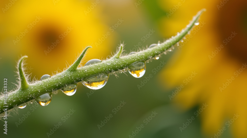 Dewdrops forming on the soft fuzz of a sunflower stem, with vibrant yellows in the background Dewdrops forming on the soft fuzz of a sunflower stem, with vibrant yellows in the background