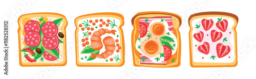 Toast with Bread and Different Top Ingredients Vector Set