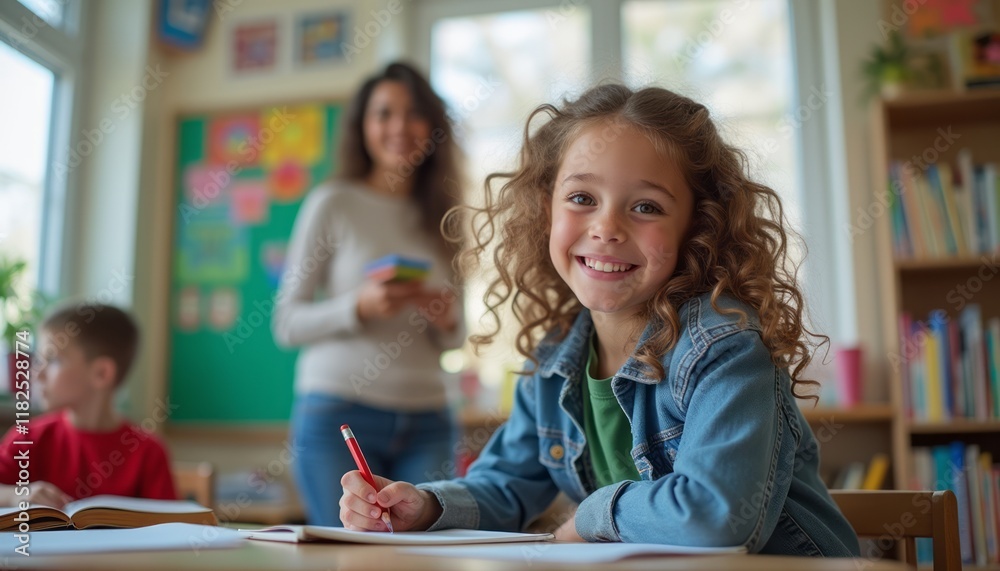 Fototapeta premium A joyful young girl with curly hair is focused on her studies, holding a red pencil, while a woman stands in the background. The vibrant classroom setting, filled with colorful educational materials